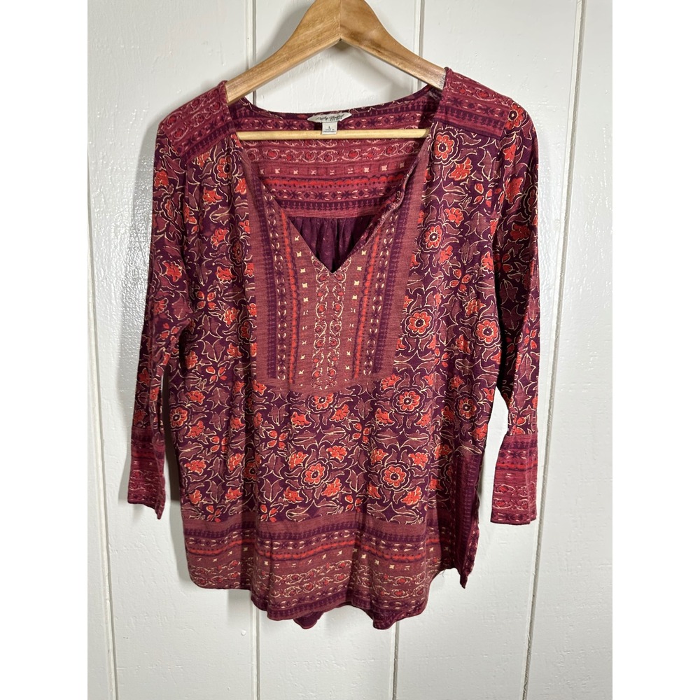 Lucky Brand Top Women L Burgundy Floral Split Neck Boho 3/4 Sleeve Blouse